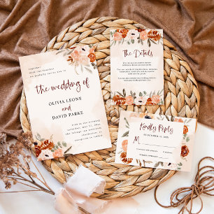 Rustic Orange Boho   Watercolor Blush Wedding Invitation