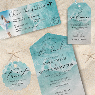 Watercolor Ocean Beach Summer Modern Wedding Photo All In One Invitation