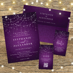 Royal Purple String Lights Guest Details Wedding All In One Invitation