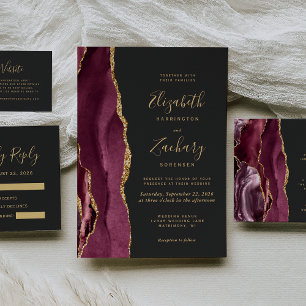 Modern Burgundy Gold Agate Dark Wedding RSVP Card