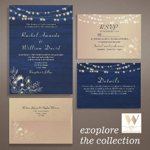 Rustic Navy Blue String Lights Wedding  All In One Invitation