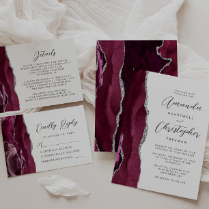 Burgundy Silver Agate Script Wedding Invitation