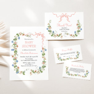A Little Wildflower Pink Bow Baby Girl Baby Shower Invitation