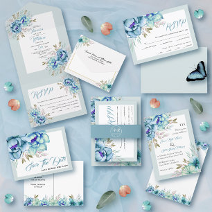 Blue and mint green watercolor flowers wedding all in one invitation