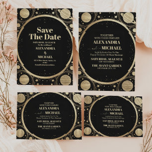 Celestial Black Gold Crescent Moon Wedding Invitation