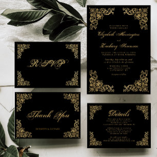 Ornate Corners Black Gold Wedding Invitation