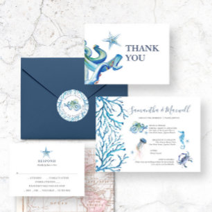 Beach Wedding Blue Watercolor Illustrated  Invitation