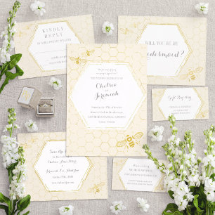 Oh Honey Bee Cream Gold Custom Wedding Invitation