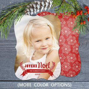 Elegant Joyeux Noel Rustic Snowflakes Photo Red Holiday Card