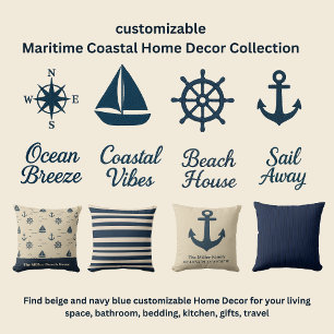 navy blue Anchor with Family Name and Coordinates Square Wall Clock