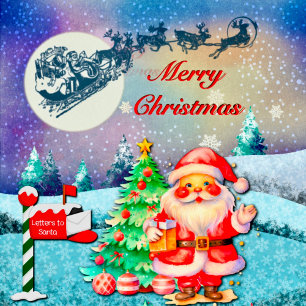 Merry Christmas Santa, Sleigh, Reindeer, Snowflake Postcard