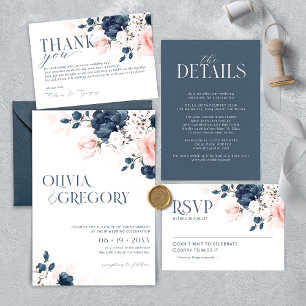Navy Blue and Blush Pink floral Seating Table Card