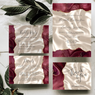 Burgundy Gold Agate Ivory Silk Wedding Invitation
