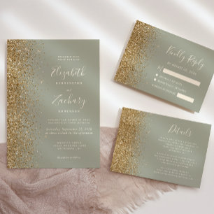 Sage Green Gold Glitter Edge Wedding Details Enclosure Card