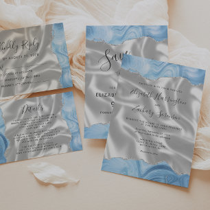 Pastel Baby Blue Silver Agate White Silk Wedding Invitation