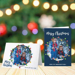 Blue Merry Christmas Lights Kids Photo Cute Holiday Card