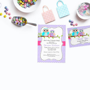 Cute Owl Girl Baby Shower Invitation Pink & Purple