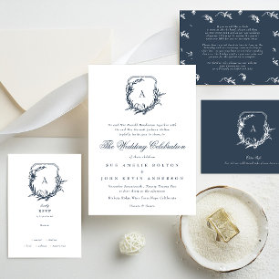 classic leafy crest wedding navy blue monogram invitation