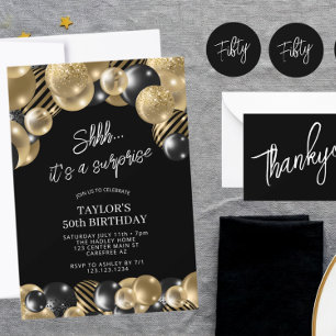 Black Gold Balloons Surprise 50th Birthday Invitation