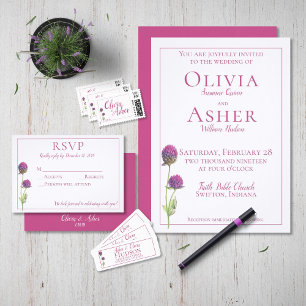 Simple Watercolor Amaranth Thistle Flower Wedding Invitation