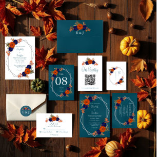 Rustic Autumn Orange Navy Blue Floral Wedding Envelope