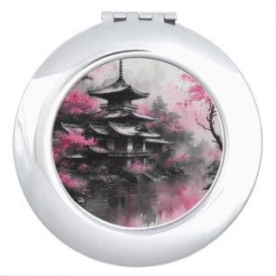 Vintage Japanese Art Red Black Gold Compact Mirror