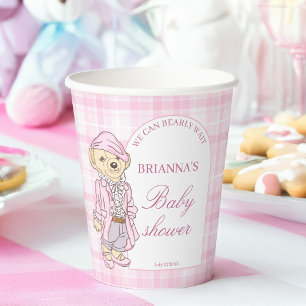 We can bearly wait pink plaid baby shower monogram napkins