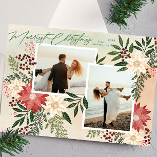 Merry Christmas Poinsettia Botanical Photo Collage Holiday Card