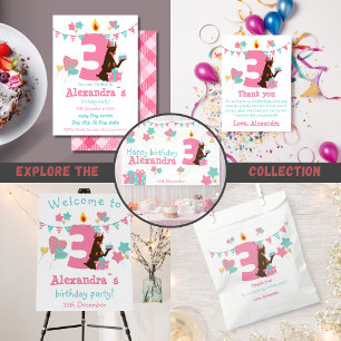 Cute dog with cake next to number Three Birthday Invitation