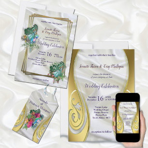 Gold on White Silk with Tropical Splendour Invitation