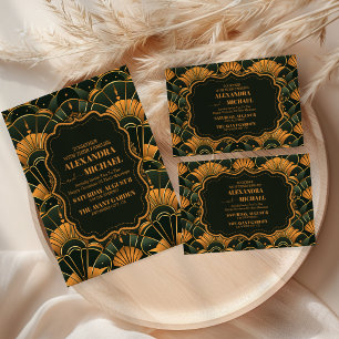 Photo Art Deco Wedding Diamond Gold and Green  Thank You Card