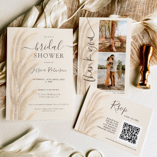 Boho summer pampas grass watercolor bridal shower invitation