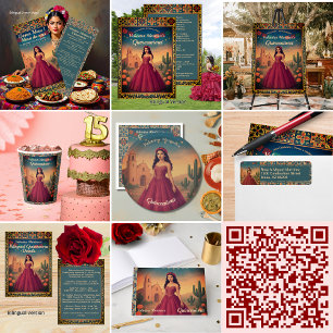 Vintage Red Dress Quinceañera Reception Detail Enclosure Card