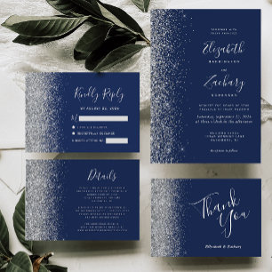 Modern Navy Blue Silver Glitter Edge Wedding Invitation