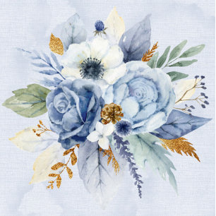 Dusty Navy Blue Gold Peony Watercolor Chic Wedding Invitation