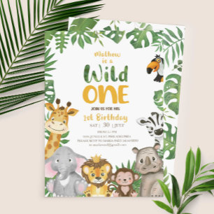 Wild One Safari Jungle First Birthday black Invitation