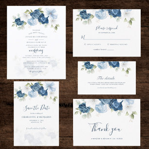 Botanical Dusty Blue Floral Greenery Script RSVP Card
