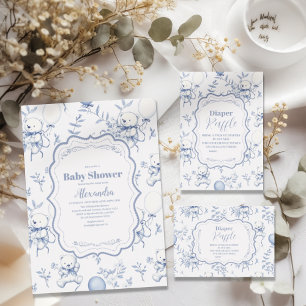 Toile De Jouy Bear Baby Shower Paper Plates