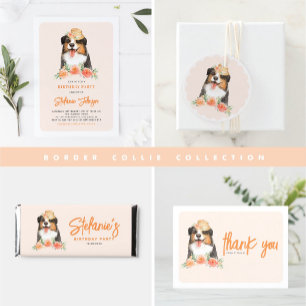 Watercolor Border Collie and Peach Floral Birthday Hershey Bar Favors