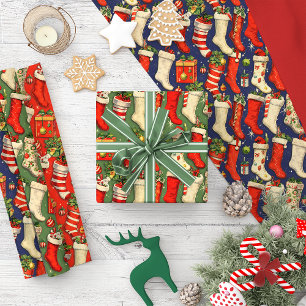 Retro Vintage Christmas stockings Wrapping Paper Sheets