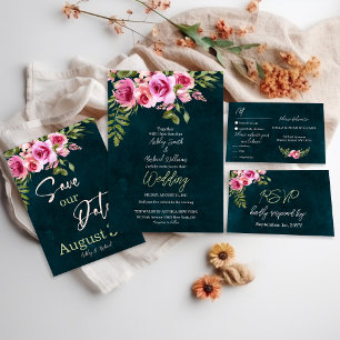 Classic Emerald Green Floral Dark Moody Wedding Invitation