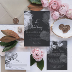 Embellished Black White Vintage Floral Wedding RSVP Card