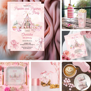 Pink Popcorn and Pajamas Slumber Birthday Party Invitation