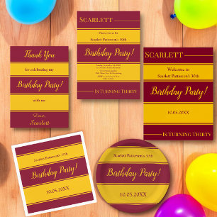 Elegant Burgundy And Gold Stripes Modern Birthday Paper Plates