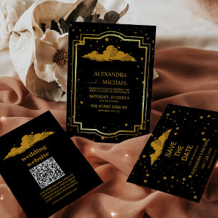 Mystical Black Gold Celestial Stars Wedding  Thank You Card