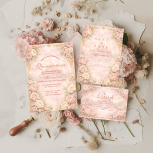 Soft Blush Rose Garden Quinceañera RSVP Card
