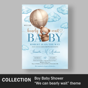 Cute watercolor brown teddy bear hot air balloon invitation