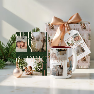 Modern Merry & Bright Bold Typography 3 Photo Pink Foil Holiday Card