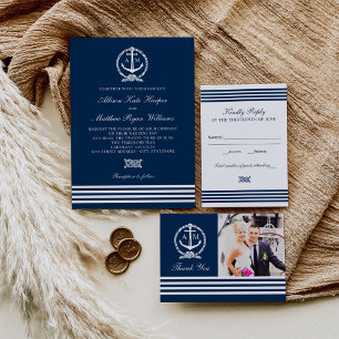 Nautical Navy Blue White Anchor Stripes Wedding Invitation