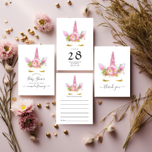 Pink Floral Unicorn Baby Shower Thank You Card